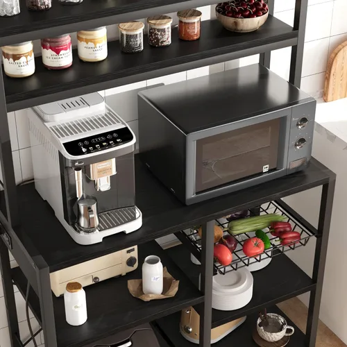 Vista 5 de IDEALHOUSE Estante para panaderos con toma de corriente, barra de café con cajón de alambre, soporte industrial para microondas, mesa de buffet