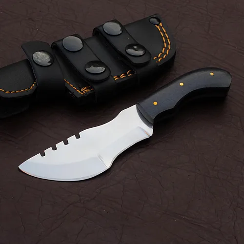 Vista 2 de Cuchillo de seguimiento hecho a mano, cuchillo de caza de hoja fija de espiga completa con funda, cuchillo de transporte horizontal, cuchillo