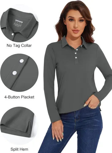 Vista 5 de MAGCOMSEN Camisetas tipo polo de manga larga para mujer, de secado rápido, protección solar UPF 50+, ligeras, atléticas, para tenis