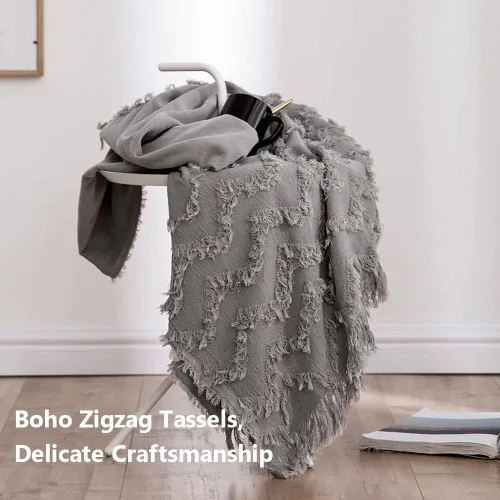 Vista 2 de Simple&Opulence Manta 100% algodón para cama, sofá, manta tejida en zigzag tejida bohemia con borlas, suave, ligera, transpirable, acogedora, Gris