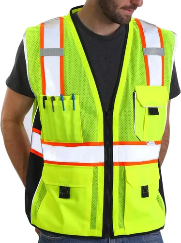 Vista 8 de Dib Safety Chaleco reflectante de malla negra, chaleco de alta visibilidad con bolsillos y cremallera, resistente, fabricado con cinta reflectante