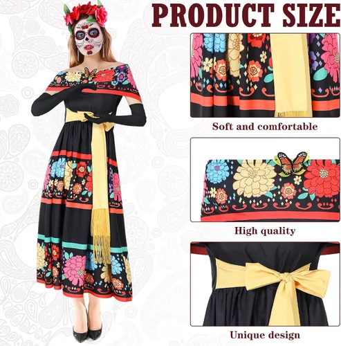 Vista 2 de Xtinmee 4 piezas de disfraces del Día de los Muertos para mujer, incluyen vestido, diadema, guantes y tatuaje facial para cosplay, Halloween