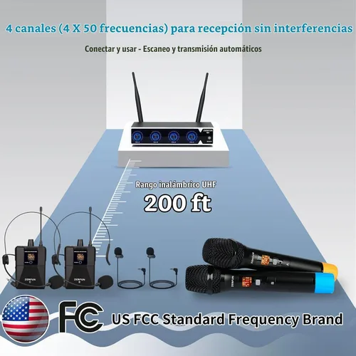 Vista 8 de Sistema de micrófono inalámbrico profesional de 4 canales, auriculares de mano inalámbricos de metal UHF, micrófonos de solapa para cantar karaoke