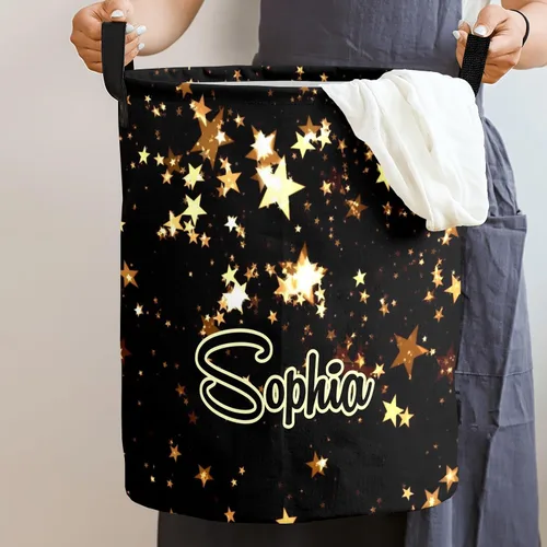 Vista 2 de Cesta de lavandería personalizada con estrella dorada con nombre y texto, impermeable, para dormitorio, sala de estar, cesta de almacenamiento