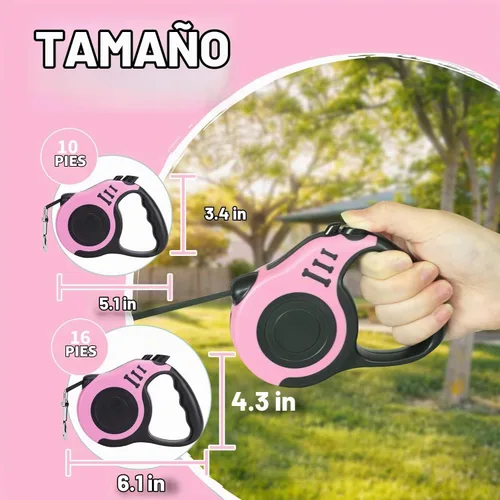 Vista 4 de Correa retráctil para perros pequeños y medianos, automática, telescópica, cinta para mascotas de 10/16 pies, duradera y práctica, con asa A1- rosa