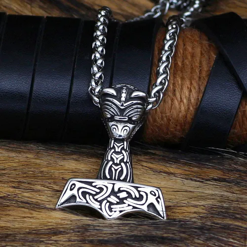 Vista 2 de Collar de Mjolnir de Thor para hombre, regalo vikingo de cuervo para hombre, joyería nórdica Odin con bolsa de regalo Valknut, Acero inoxidable, No