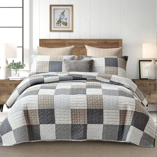 Vista 13 de Y-PLWOMEN Colchas 100% algodón tamaño Queen Farmhouse Plaid 3 piezas ropa de cama Azul y marrón