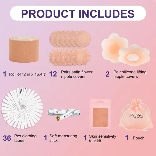 Vista 2 de Kit de cinta adhesiva para senos Boobytape para levantamiento de senos con 1 cinta corporal, 2 pétalos de pecho de silicona, 12 calcomanías