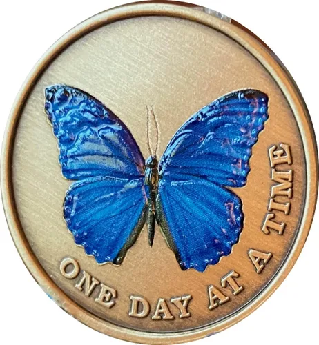 Vista 4 de Mariposa de color azul un día a la vez Medallón serenidad oración bronce chip