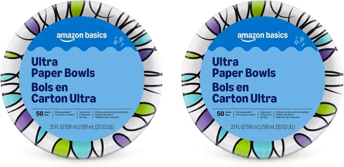 Vista 10 de Amazon Basics - Cuencos de papel ultra desechables, 20 onzas, aptos para microondas, a prueba de remojo, fuertes y resistentes, color blanco, 50