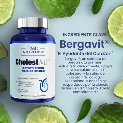 Vista 2 de 1MD Nutrition CholestMD con extracto de hoja de olivo, Bergavit, niacina, ajo 60 cápsulas