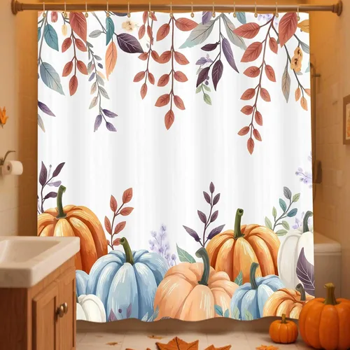 Vista 8 de Cortina de ducha de Acción de Gracias de otoño con pavo, juego de cortinas de baño de granja con flores de calabaza de otoño y cosecha, tela