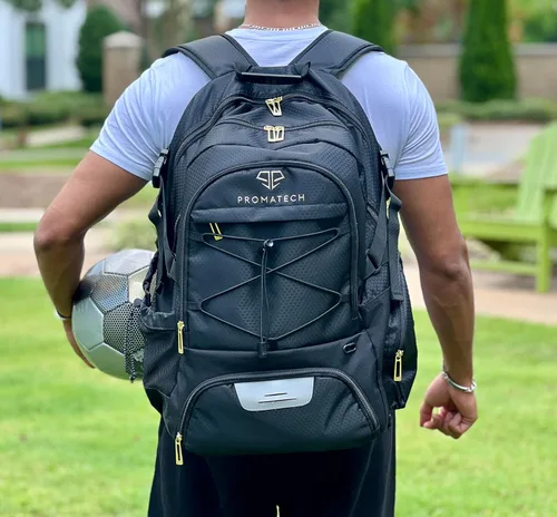 Vista 4 de Mochila deportiva, diseño todo en uno para pelota de fútbol de tamaño 5 o baloncesto tamaño 7, lista para portátil, almacenamiento de tacos, sistema