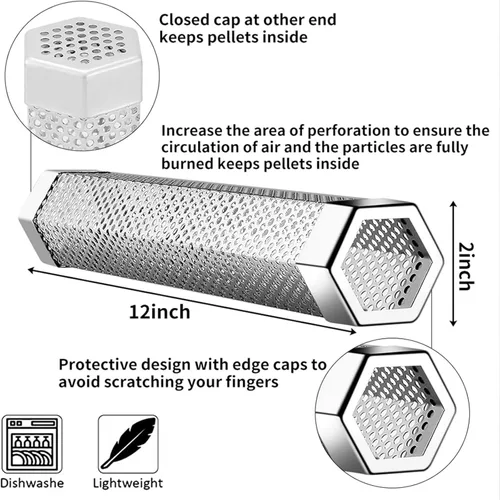 Vista 6 de Tubo de ahumador de pellets hexagonales, tubo de pellets de madera para barbacoa de acero inoxidable de 12 pulgadas para ahumar frío/caliente, 5