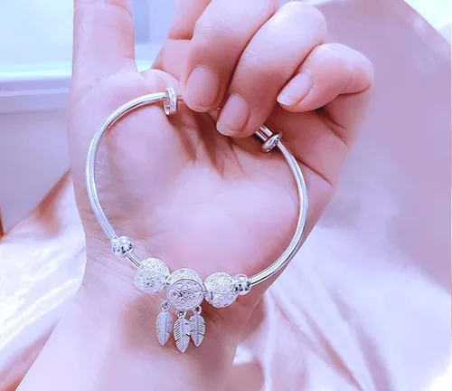 Vista 7 de Harlorki Pulsera ajustable para mujer con colgante de hoja de bola de la suerte 925 chapada en plata