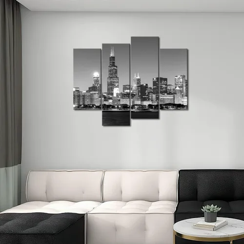 Vista 2 de 4 unidades de pintura de tela moderna arte de pared la imagen para la decoración del hogar, vista panorámica del horizonte de Chicago de noche