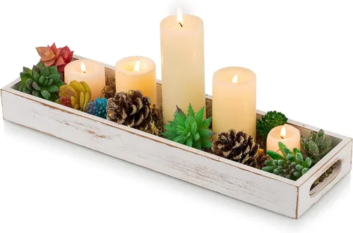 Vista 10 de Hanobe Bandeja de servir decorativa de madera rústica, marrón, rectangular, 16 pulgadas x 4.7 pulgadas x 1.7 pulgadas Bandeja de madera rústica