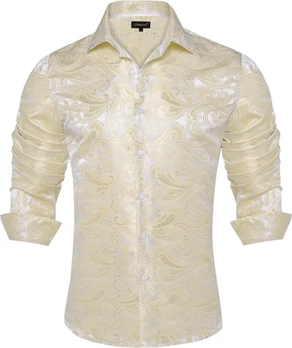 Vista 33 de DiBanGu Camisa de vestir de paisley de seda para hombre, formal, de manga larga, con cuello abotonado, camisas informales para fiesta de boda Negro