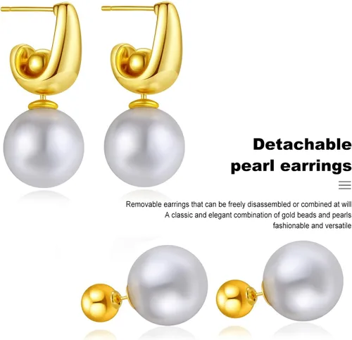 Vista 3 de Aretes de aro de plata dorada con letra D para mujer, aretes de perlas, 2 vías de uso, aretes de perlas de lujo, en forma de D, regalos de joyería
