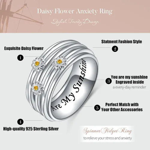 Vista 16 de Anillo giratorio para aliviar la ansiedad con margaritas You Are My Sunshine Flower Fidget Ring de plata esterlina TDAH para aliviar el estrés