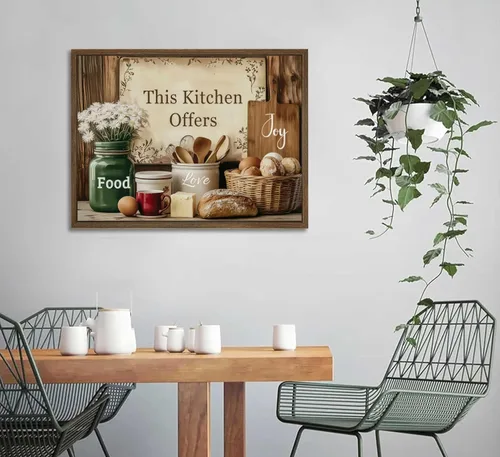 Vista 6 de Arte de pared de cocina campestre, naturaleza muerta en lienzo, estilo rústico vintage, granja. Esta cocina ofrece amor y alegría por la comida.