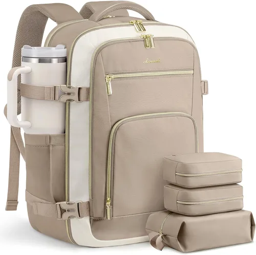 Vista 18 de LOVEVOOK Mochila de viaje para mujer y hombre, Beige, Mochilas de viaje