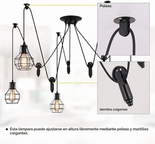 Vista 5 de Iluminación colgante industrial de 5 cabezales, lámpara de techo ajustable de estilo vintage de araña semiempotrada, candelabro rústico Edison