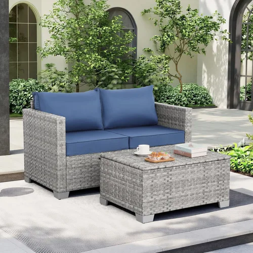 Vista 4 de WAROOM Sofá de mimbre para patio al aire libre, sofá pequeño de mimbre de 2 plazas, muebles de balcón, asiento profundo, asiento de porche, cojín