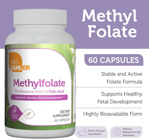 Vista 2 de Zahler Metilfolato - Apoya el desarrollo fetal saludable y la salud genética - Ácido fólico metilado de 1000 mcg DFE L-metilfolato - Suplemento