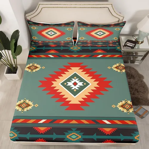 Vista 9 de Juego de sábanas bajeras de diseño nativo americano del suroeste para niños, niñas y adolescentes, juego de ropa de cama tribal para niños, niñas