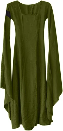 Vista 4 de Ymosrh Disfraces de Halloween para mujer, vestido renacentista, medieval, manga trompeta, vestido largo, vestido largo, vestido largo, disfraces