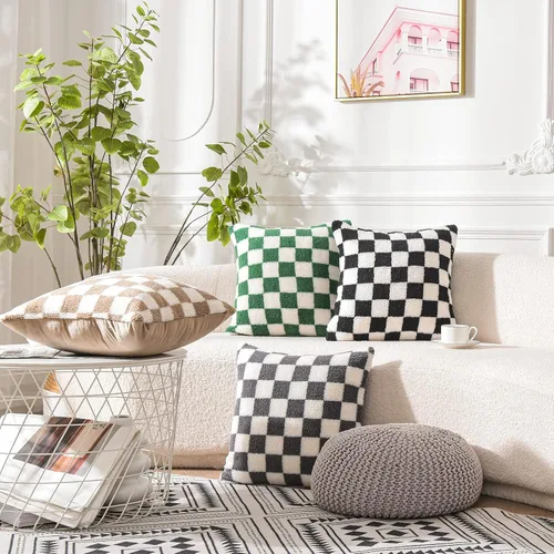 Vista 3 de WACOMECO Fundas de almohada decorativas – Fundas de cojín suaves de Sherpa de piel sintética a cuadros para sofá, dormitorio, sala de estar