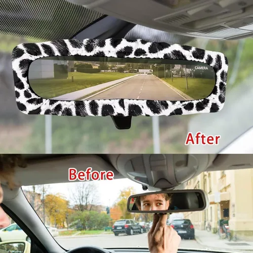 Vista 4 de Funda para espejo retrovisor de automóvil con estampado de vaca negro, protector de espejo retrovisor automático elástico