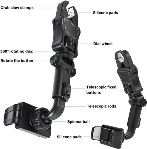 Vista 4 de BESULEN Soporte para teléfono para espejo retrovisor de automóvil, soporte de teléfono giratorio de 360°, soporte de teléfono ajustable Negro /Gris