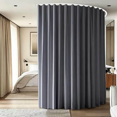 Vista 17 de Divisor de habitación con rieles para cortinas montadas en el techo, juego extra ancho de cortinas opacas con rieles flexibles para dormitorio