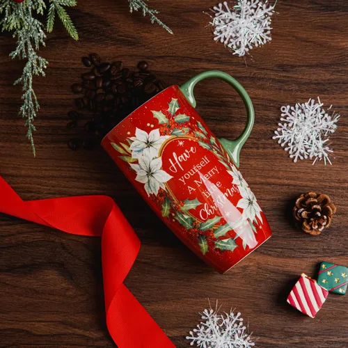 Vista 3 de Topadorn Taza de café de cerámica de 17 onzas con tapa y caja de regalo, taza de té de porcelana roja festiva, apta para microondas y lavavajillas