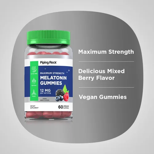 Vista 4 de Piping Rock Gomitas de melatonina de 12 mg 60 unidades Suplemento de máxima fuerza para adultos Sabor a bayas Veganas, sin OMG, sin gluten