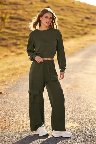 Vista 9 de PRETTYGARDEN Conjunto de 2 piezas de otoño para mujer, sudadera de manga larga, pantalones cargo de pierna ancha con bolsillos