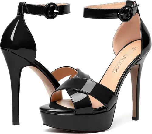 Vista 104 de MODENCOCO Sandalias de boda con correa de tobillo sexy para mujer, con plataforma y puntera abierta, tacón de aguja y tacón alto, zapatos de vestir
