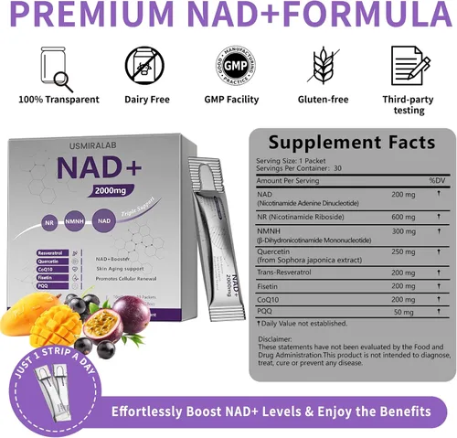 Vista 3 de NAD+ Supplement Packets 1000mg Liquid Advanced Nicotinamide Riboside, Trans-Resveratrol, PQQ & Quercetin Complex for Cellular Energy & Healthy
