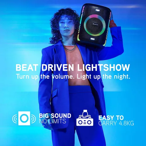Vista 8 de BlueAnt X5i - Altavoz Bluetooth de 120 W, aumento de graves masivo con micrófonos inalámbricos duales para karaoke, espectáculo de luz LED, batería