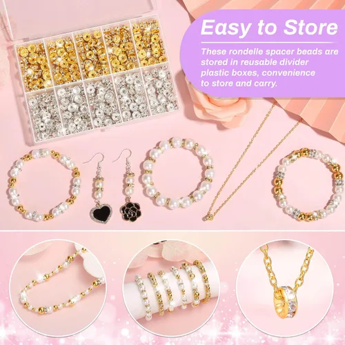 Vista 5 de Rondelle - Cuentas espaciadoras para hacer joyas, 600 cuentas espaciadoras de diamantes de imitación para pulseras, cuentas focales para bolígrafos