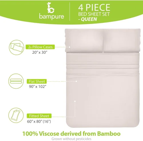 Vista 4 de BAMPURE Juego de sábanas tamaño Queen, 100% viscosa pura derivada de bambú, sábanas súper suaves y refrescantes para personas que duermen con calor