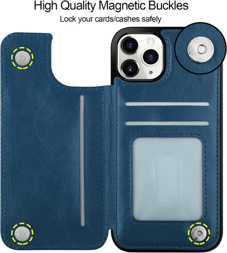 Vista 4 de HianDier Funda para iPhone 11 Pro con tarjetero para mujeres y hombres, funda protectora de piel sintética con función atril, cierre magnético, a