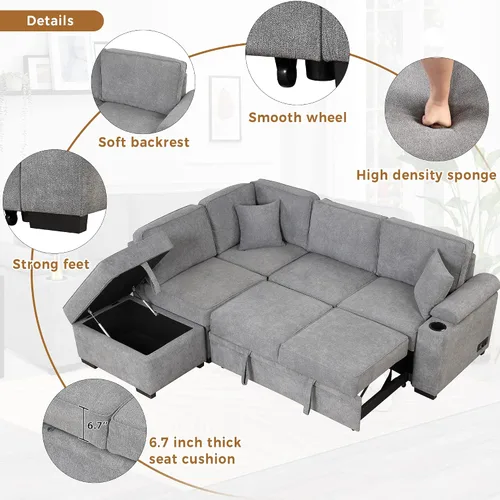 Vista 4 de Merax Sofá cama de 87.4 pulgadas, sofá cama extraíble 2 en 1, sofá cama en forma de L con otomana de almacenamiento para sala de estar, sofá