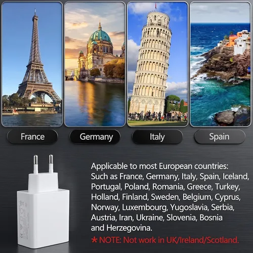 Vista 4 de Adaptador de enchufe de viaje europeo USB C, 60W 4-Port USA a Europa Carga