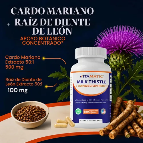 Vista 7 de Vitamatic Cardo mariano con raíz de diente de león - Extracto botánico a base de plantas 50:1 - Cápsulas de hierbas concentradas - Vegetariano, sin