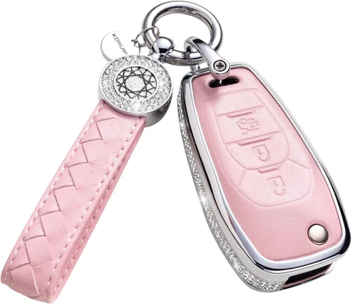 Vista 48 de Funda para llave inteligente con llavero, de piel auténtica color rosa, con cristales, carcasa protectora