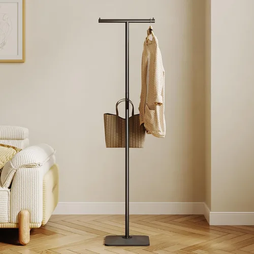 Vista 4 de Perchero moderno de pie, perchero de metal con base geométrica de hierro fundido y ganchos, soporte de percha en forma de T para abrigos, sombreros
