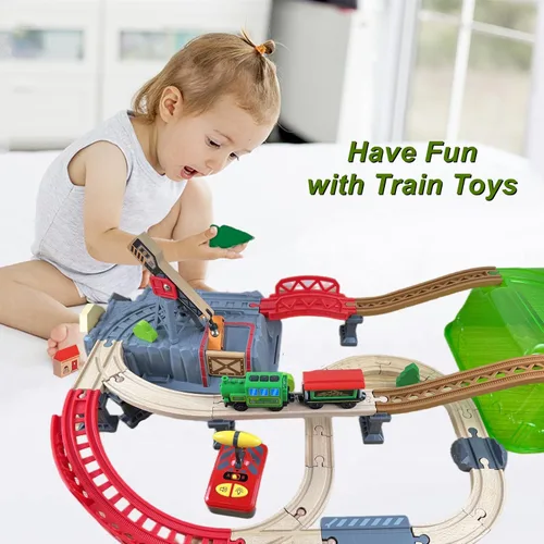 Vista 8 de Juego de tren de locomotora a pilas para pista de madera, vehículos magnéticos de control remoto eléctrico de juguete con potente luz de motor